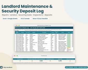 Landlord Maintenance Log & Security Deposit Tracker, Move In Move Out Inspection Checklist, Repair Log, Vendor List, Excel Google Sheets