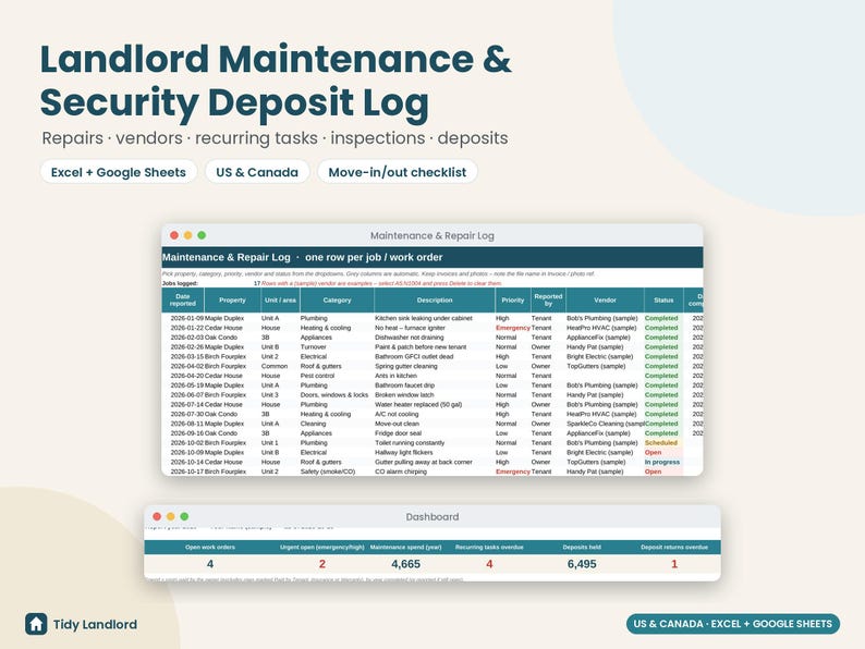 Landlord Maintenance Log & Security Deposit Tracker, Move In Move Out Inspection Checklist, Repair Log, Vendor List, Excel Google Sheets image 1