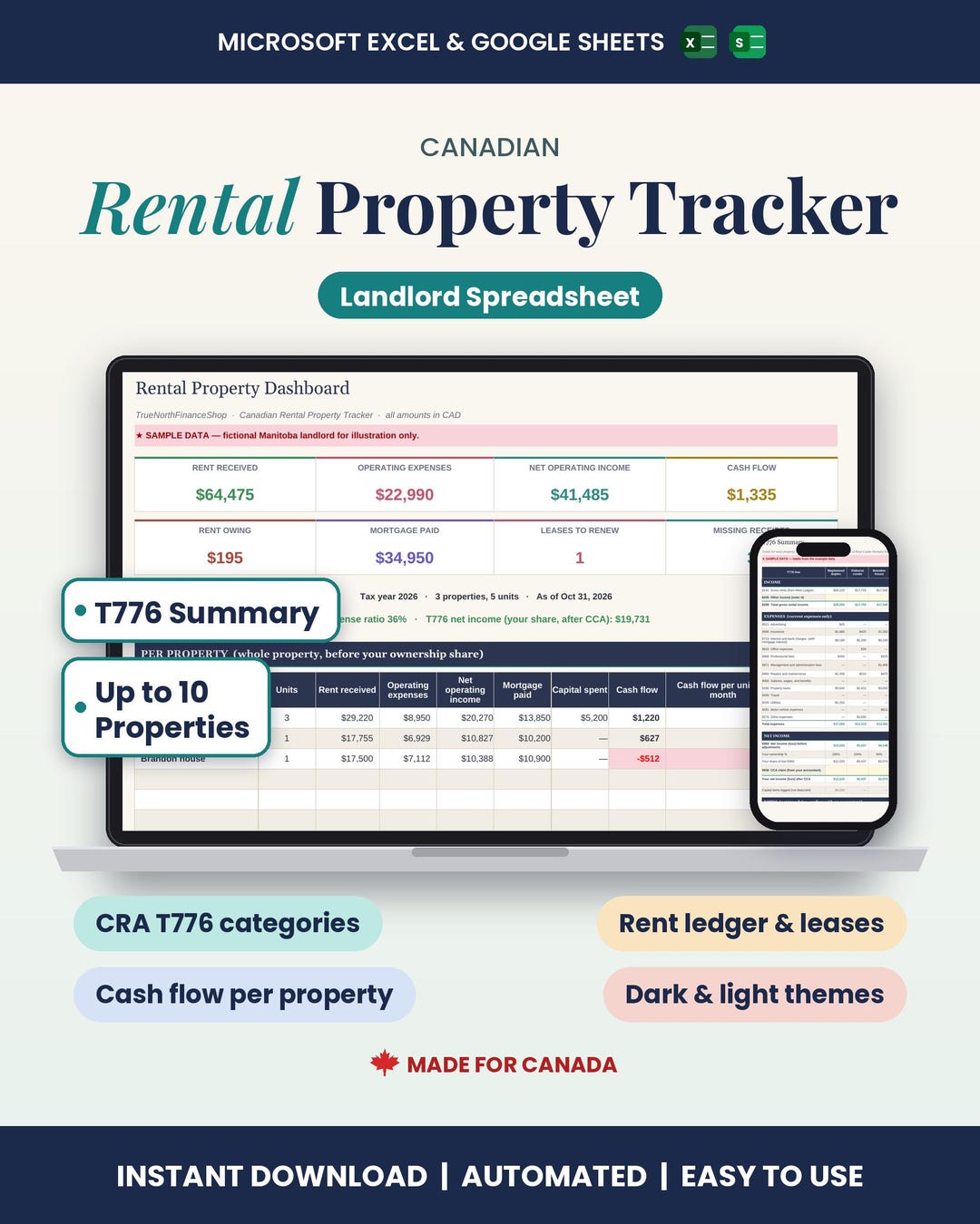 Rental Property Spreadsheet Google Sheets & Excel, Canadian Landlord ...
