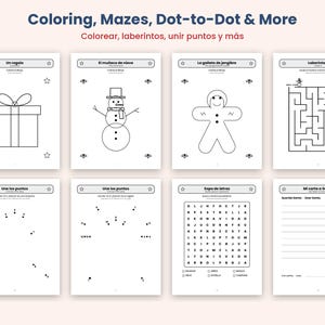 Op de afbeelding: Een verzameling van acht printbare activiteitenbladen met zwart-wit lijntekeningen. De pagina's bevatten kleurplaten van een cadeau, sneeuwpop en peperkoekman, een doolhof, punt-tot-punt puzzels, een woordzoeker en een brief aan de Kerstman sjabloon.