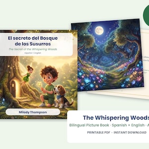 May include: A bilingual picture book titled El secreto del Bosque de los Susurros, The Secret of the Whispering Woods by Milady Thompson. The cover features a child, a dog, and a fairy near a tree. Includes 28 pages in a printable PDF format.
