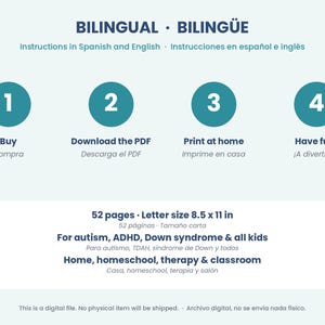 May include: A digital instructional graphic titled BILINGUAL BILING&Uuml;E with four steps: Buy, Download the PDF, Print at home, and Have fun. It specifies 52 pages, letter size 8.5 x 11 in, for autism, ADHD, Down syndrome, and all kids.