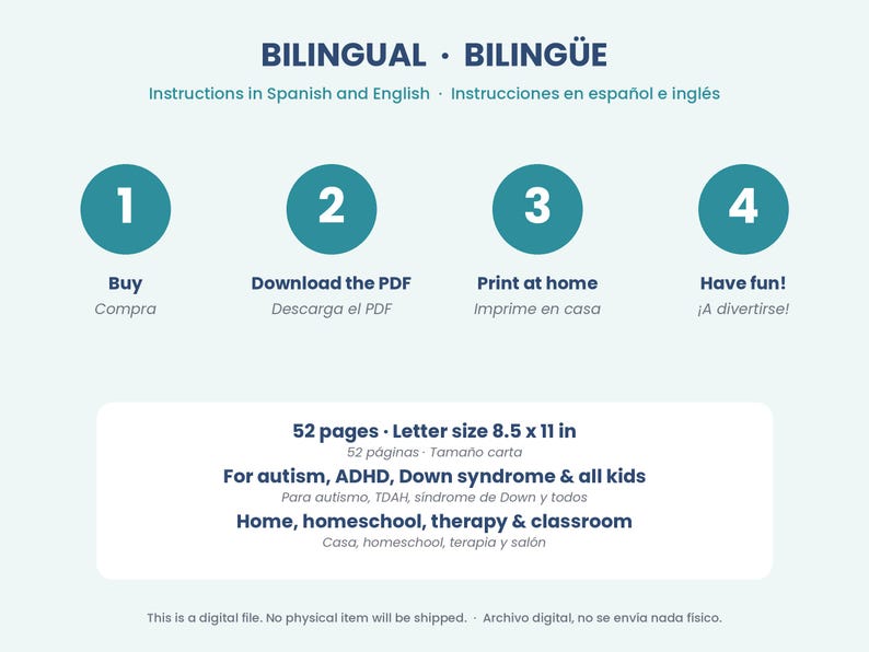 May include: A digital instructional graphic titled BILINGUAL BILING&Uuml;E with four steps: Buy, Download the PDF, Print at home, and Have fun. It specifies 52 pages, letter size 8.5 x 11 in, for autism, ADHD, Down syndrome, and all kids.