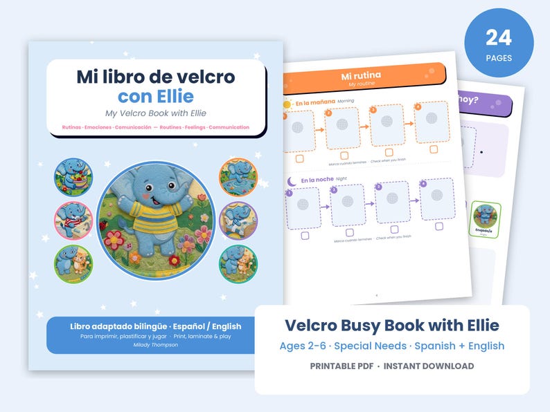 May include: A bilingual Spanish and English Velcro busy book featuring a blue elephant character named Ellie. The cover displays the title Mi libro de velcro con Ellie, 24 pages, and various circular illustrations of the elephant in different activities.