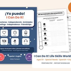 May include: A 44-page bilingual Spanish and English life skills workbook for children and teens. The cover is dark blue with white star accents, featuring the title &iexcl;Yo puedo! I Can Do It! and icons for emotions, routines, school, cooking, friends, and calm.