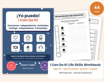 May include: A 44-page bilingual Spanish and English life skills workbook for children and teens. The cover is dark blue with white star accents, featuring the title ¡Yo puedo! I Can Do It! and icons for emotions, routines, school, cooking, friends, and calm.