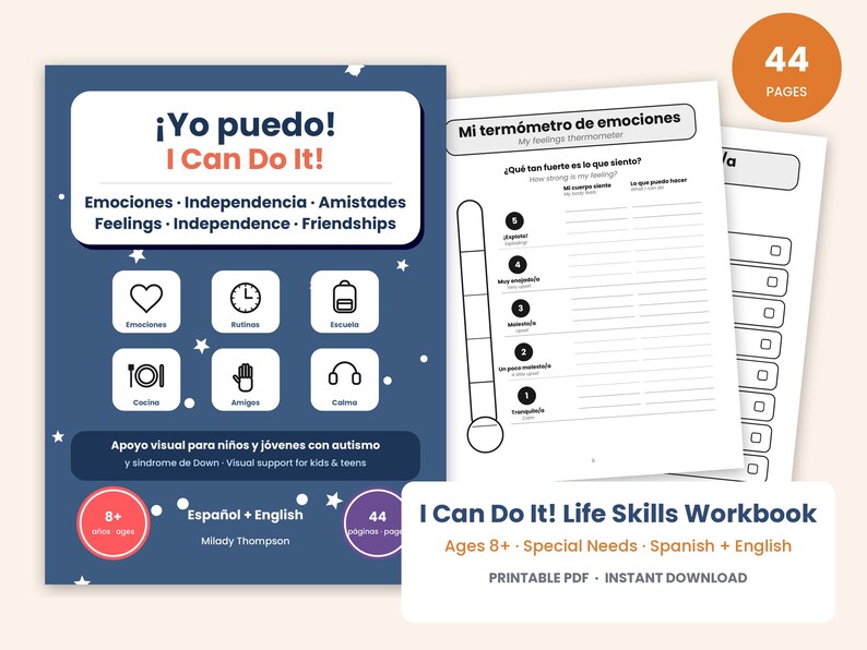 May include: A 44-page bilingual Spanish and English life skills workbook for children and teens. The cover is dark blue with white star accents, featuring the title &iexcl;Yo puedo! I Can Do It! and icons for emotions, routines, school, cooking, friends, and calm.