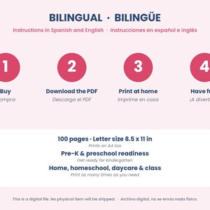 May include: A digital file instruction graphic with the title BILINGUAL BILING&Uuml;E. It outlines four steps: 1 Buy, 2 Download the PDF, 3 Print at home, 4 Have fun. It specifies 100 pages, letter size 8.5 x 11 in, and Pre-K & preschool readiness.