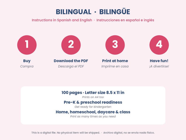 May include: A digital file instruction graphic with the title BILINGUAL BILING&Uuml;E. It outlines four steps: 1 Buy, 2 Download the PDF, 3 Print at home, 4 Have fun. It specifies 100 pages, letter size 8.5 x 11 in, and Pre-K & preschool readiness.