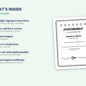 May include: A document titled WHAT'S INSIDE lists activities including straight, zigzag, and wavy lines, steps, spirals, curves, cut out shapes, color and cut pictures, cut-and-paste puzzles, and a Scissor Expert certificate with a star border.