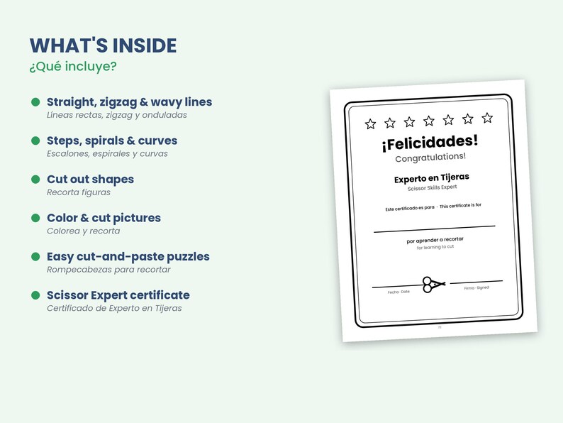 May include: A document titled WHAT'S INSIDE lists activities including straight, zigzag, and wavy lines, steps, spirals, curves, cut out shapes, color and cut pictures, cut-and-paste puzzles, and a Scissor Expert certificate with a star border.