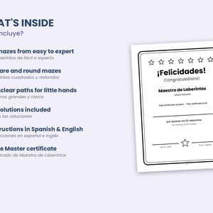 May include: A bilingual maze activity book information sheet featuring a list of six features including 60 mazes, square and round shapes, and solutions. Next to the text is a white Maze Master certificate with stars and blank lines.