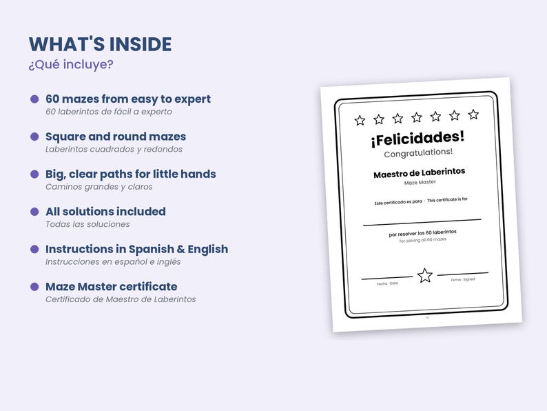 May include: A bilingual maze activity book information sheet featuring a list of six features including 60 mazes, square and round shapes, and solutions. Next to the text is a white Maze Master certificate with stars and blank lines.
