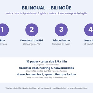 May include: A digital instructional graphic with purple circles numbered one through four, detailing steps to buy, download, print, and use a 33-page, 8.5 x 11 inch PDF document for deaf, hearing, and nonverbal children in home or school settings.