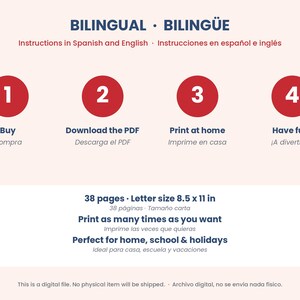 Op de afbeelding: Een digitale instructieafbeelding met de titel BILINGUAL BILING&Uuml;E. Het bevat vier genummerde rode cirkels met de stappen: 1 Buy, 2 Download the PDF, 3 Print at home, 4 Have fun. De tekst vermeldt 38 pagina's, Letter-formaat 21,59 x 27,94 cm.