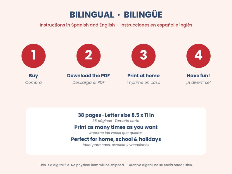 Op de afbeelding: Een digitale instructieafbeelding met de titel BILINGUAL BILING&Uuml;E. Het bevat vier genummerde rode cirkels met de stappen: 1 Buy, 2 Download the PDF, 3 Print at home, 4 Have fun. De tekst vermeldt 38 pagina's, Letter-formaat 21,59 x 27,94 cm.