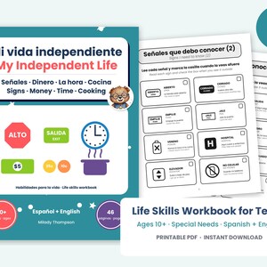 Life Skills Workbook for Teens, Bilingual Spanish English, Money, Time, Signs, Cooking, Special Education Printable image 1