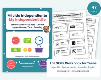 May include: A 47-page bilingual life skills workbook titled My Independent Life, featuring lessons on signs, money, time, and cooking. The cover is teal with illustrations of a clock, a pot, and currency, while interior pages show sign recognition exercises.