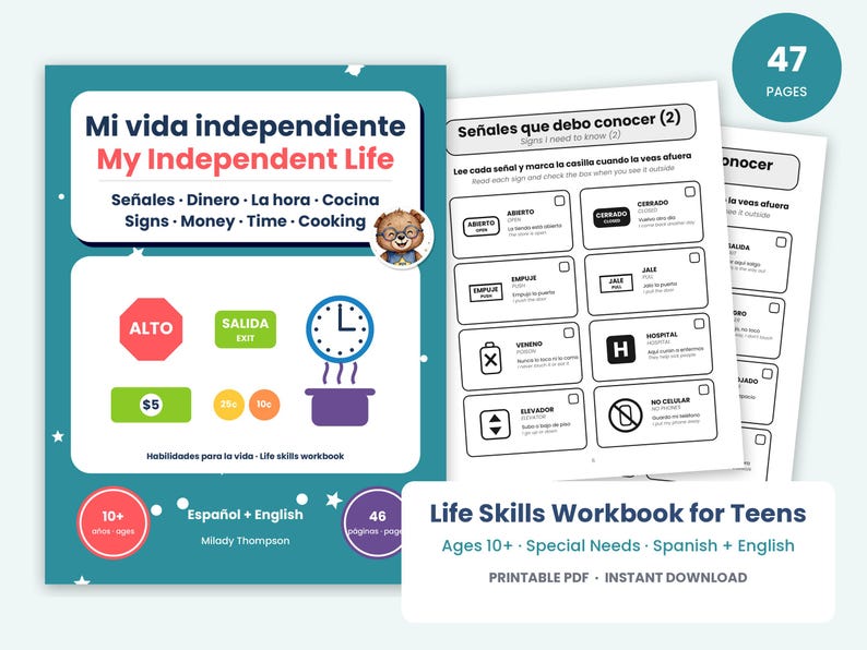 Life Skills Workbook for Teens, Bilingual Spanish English, Money, Time, Signs, Cooking, Special Education Printable image 1