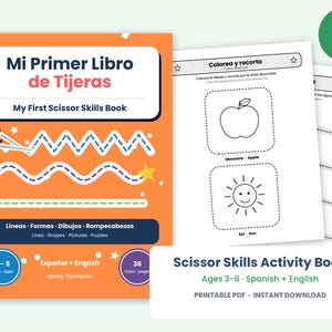 Scissor Skills Printable Activity Book, Bilingual Spanish English Cutting Practice, Preschool Fine Motor Worksheets, Cut and Paste, Ages 3-6