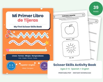 May include: An orange activity book titled Mi Primer Libro de Tijeras My First Scissor Skills Book with illustrations of scissors and dotted lines. The cover features text in Spanish and English, age range 3-5, and 36 pages. Includes interior pages with black and white line drawings of an apple and sun for coloring and cutting.