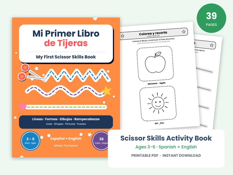 May include: An orange activity book titled Mi Primer Libro de Tijeras My First Scissor Skills Book with illustrations of scissors and dotted lines. The cover features text in Spanish and English, age range 3-5, and 36 pages. Includes interior pages with black and white line drawings of an apple and sun for coloring and cutting.
