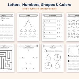 May include: A collection of eight educational worksheets featuring black and white line drawings. The pages include tracing exercises for the number one and letter L, shape identification, counting tasks, pattern completion, a maze, and dot-to-dot activities.