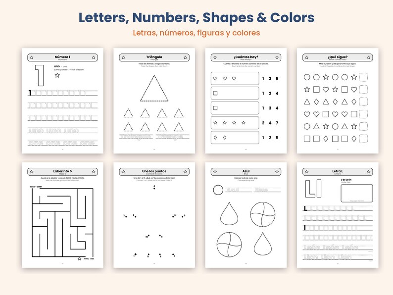 May include: A collection of eight educational worksheets featuring black and white line drawings. The pages include tracing exercises for the number one and letter L, shape identification, counting tasks, pattern completion, a maze, and dot-to-dot activities.