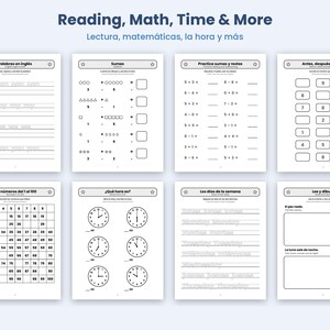 Op de afbeelding: Een verzameling van acht educatieve werkbladen getiteld Reading, Math, Time & More. De pagina's bevatten zwart-wit oefeningen waaronder het overtrekken van Engelse woorden, optellen, aftrekken, getallenreeksen, klokkijken en tekenopdrachten.