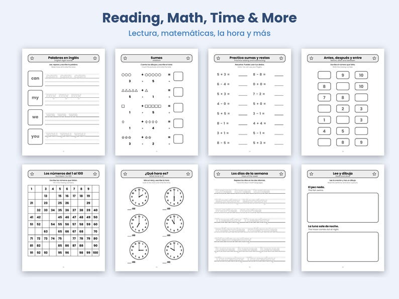 Op de afbeelding: Een verzameling van acht educatieve werkbladen getiteld Reading, Math, Time & More. De pagina's bevatten zwart-wit oefeningen waaronder het overtrekken van Engelse woorden, optellen, aftrekken, getallenreeksen, klokkijken en tekenopdrachten.