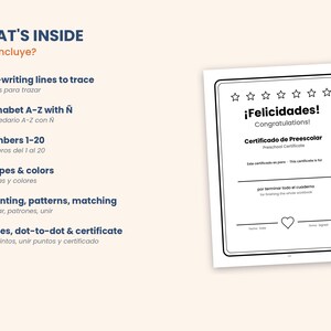 May include: A bilingual educational workbook page featuring a list of contents including pre-writing lines, alphabet A-Z with &Ntilde;, numbers 1-20, shapes, colors, counting, patterns, matching, mazes, and a preschool certificate with a heart.