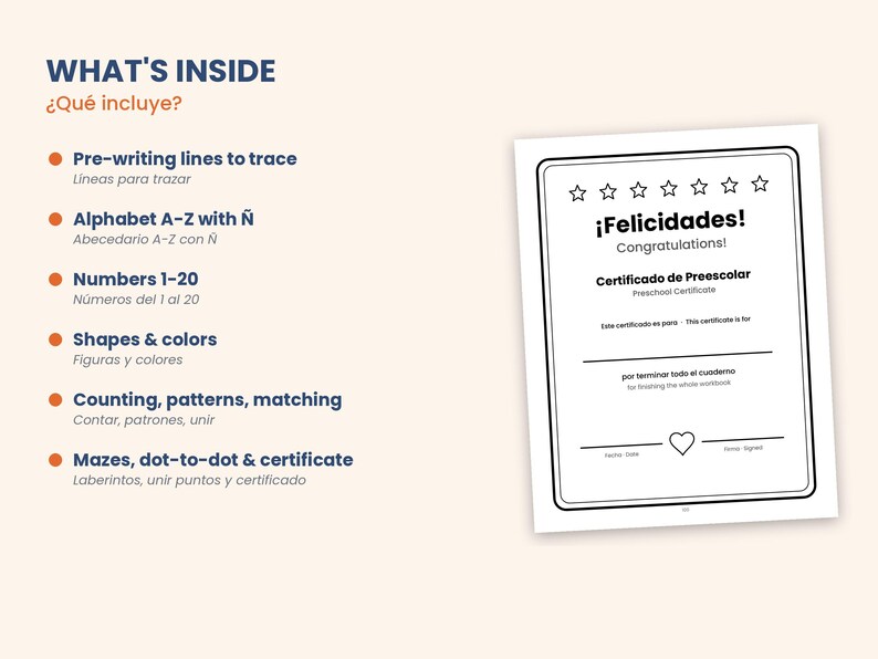 May include: A bilingual educational workbook page featuring a list of contents including pre-writing lines, alphabet A-Z with &Ntilde;, numbers 1-20, shapes, colors, counting, patterns, matching, mazes, and a preschool certificate with a heart.
