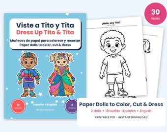 May include: A 30-page printable paper doll activity book titled Viste a Tito y Tita Dress Up Tito & Tita. The cover features two colorful illustrated dolls and the interior pages show black and white line art of a boy doll for coloring.