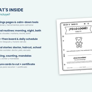 May include: A document titled WHAT'S INSIDE listing educational content including feelings pages, visual routines, schedules, social stories, and tracing activities, alongside a black and white certificate page featuring a bear illustration.