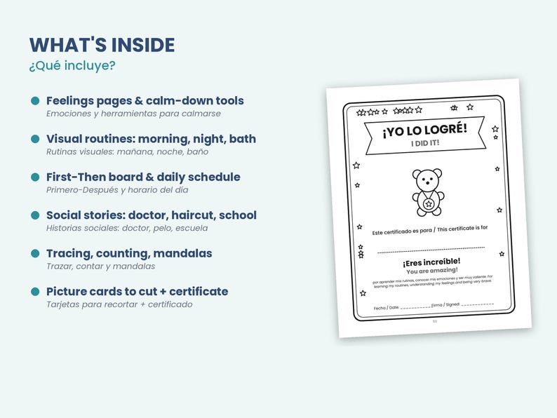 May include: A document titled WHAT'S INSIDE listing educational content including feelings pages, visual routines, schedules, social stories, and tracing activities, alongside a black and white certificate page featuring a bear illustration.