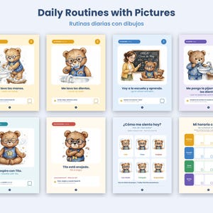 May include: A set of eight educational cards titled Daily Routines with Pictures featuring a cartoon bear named Tito. The cards show various daily activities like washing hands, brushing teeth, going to school, and expressing emotions with Spanish and English text.