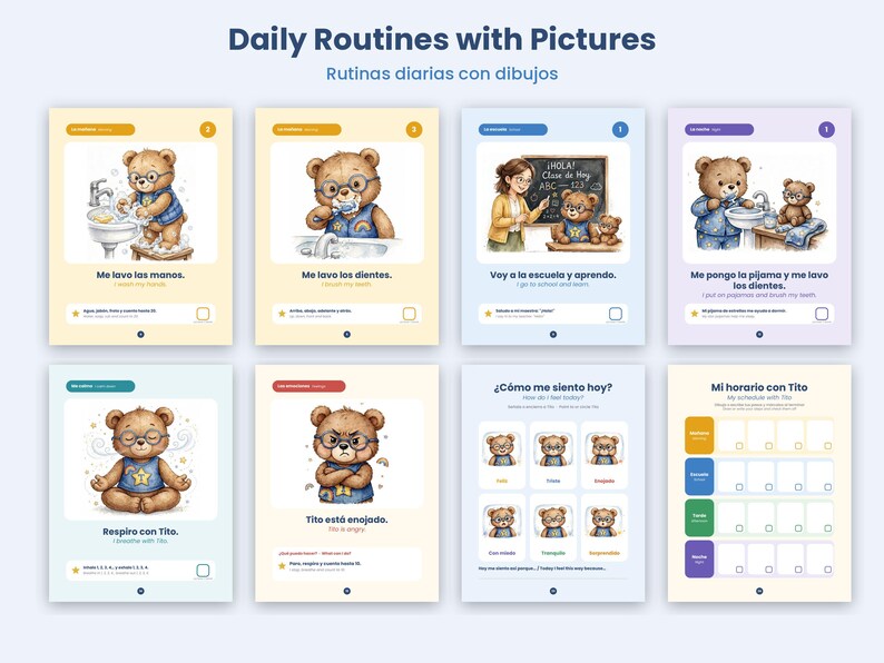May include: A set of eight educational cards titled Daily Routines with Pictures featuring a cartoon bear named Tito. The cards show various daily activities like washing hands, brushing teeth, going to school, and expressing emotions with Spanish and English text.