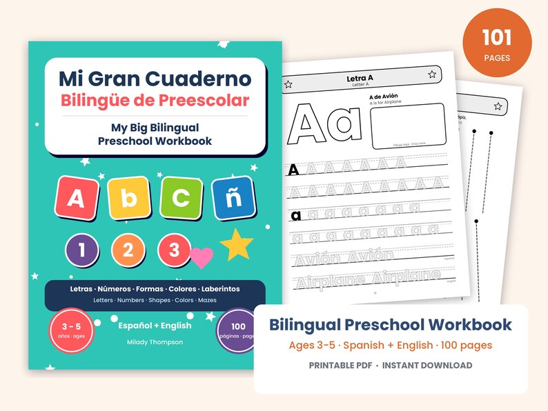 May include: A bilingual preschool workbook titled Mi Gran Cuaderno Biling&uuml;e de Preescolar with a teal cover featuring colorful letter and number squares, a yellow star, and a pink heart. The interior pages show tracing exercises for the letter A.