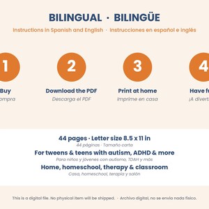 May include: A digital instructional graphic titled BILINGUAL BILING&Uuml;E with four orange numbered circles. It outlines a process: 1 Buy, 2 Download the PDF, 3 Print at home, 4 Have fun. It specifies 44 pages, letter size 8.5 x 11 in, for tweens and teens.
