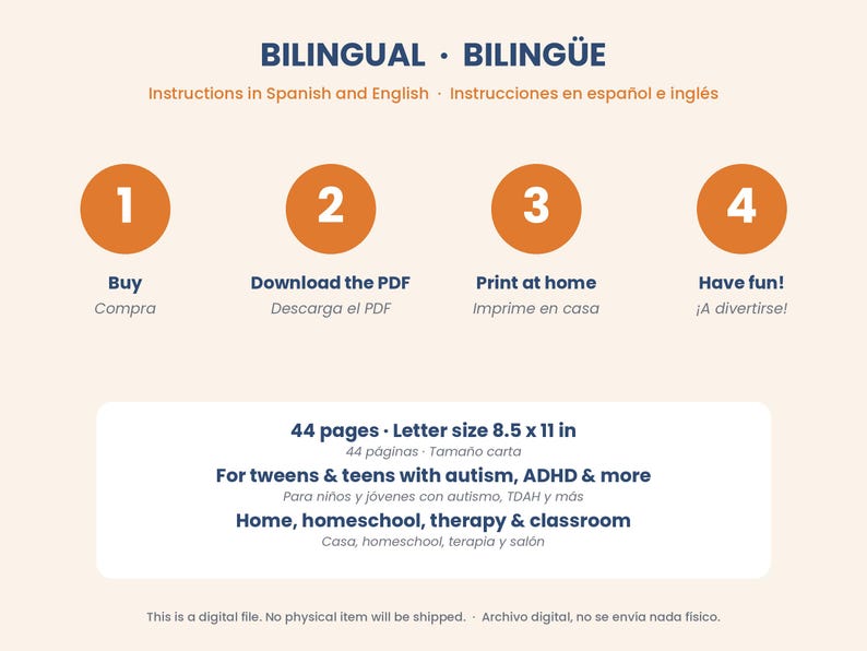 May include: A digital instructional graphic titled BILINGUAL BILING&Uuml;E with four orange numbered circles. It outlines a process: 1 Buy, 2 Download the PDF, 3 Print at home, 4 Have fun. It specifies 44 pages, letter size 8.5 x 11 in, for tweens and teens.