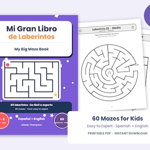 May include: A purple activity book titled Mi Gran Libro de Laberintos My Big Maze Book featuring 80 pages of 60 mazes for kids in Spanish and English. The cover displays a rectangular maze, while interior pages show circular mazes.