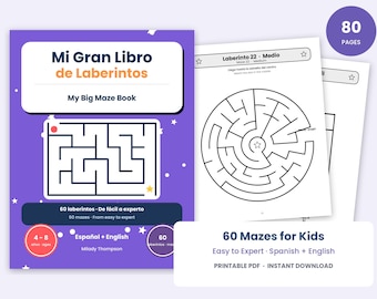 May include: A purple activity book titled Mi Gran Libro de Laberintos My Big Maze Book featuring 80 pages of 60 mazes for kids in Spanish and English. The cover displays a rectangular maze, while interior pages show circular mazes.