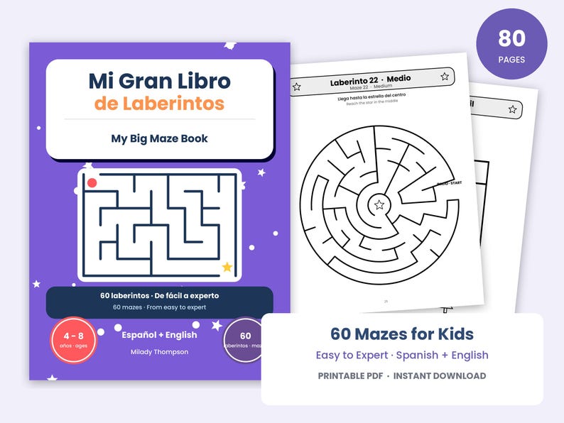 May include: A purple activity book titled Mi Gran Libro de Laberintos My Big Maze Book featuring 80 pages of 60 mazes for kids in Spanish and English. The cover displays a rectangular maze, while interior pages show circular mazes.