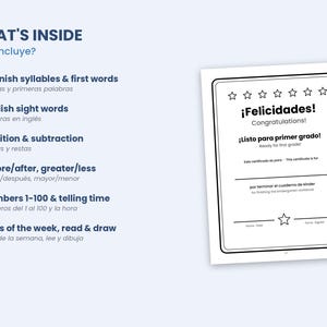 Op de afbeelding: Een tweetalig educatief document met een inhoudsopgave waaronder Spaanse lettergrepen, Engelse woorden, wiskunde en klokkijken. Daarnaast staat een zwart-wit certificaat met de titel Felicidades Congratulations en sterren.
