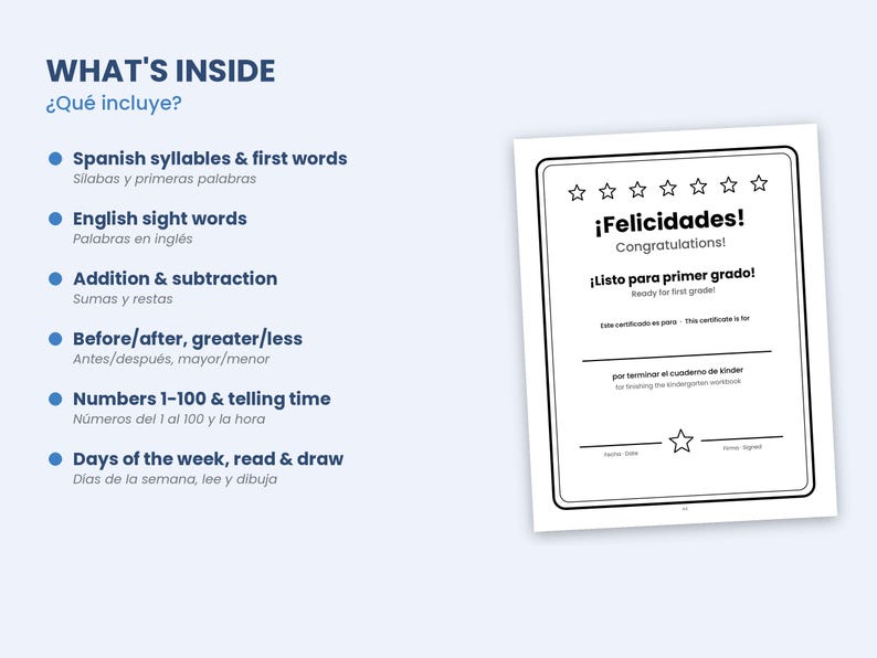 Op de afbeelding: Een tweetalig educatief document met een inhoudsopgave waaronder Spaanse lettergrepen, Engelse woorden, wiskunde en klokkijken. Daarnaast staat een zwart-wit certificaat met de titel Felicidades Congratulations en sterren.