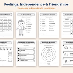 May include: A set of eight black and white educational worksheets titled Feelings, Independence & Friendships. The pages feature text in English and Spanish, including sections for tracking emotions, social skills, money management, and coping strategies.