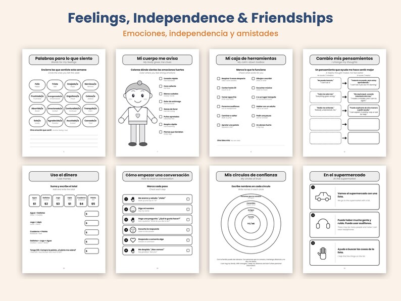 May include: A set of eight black and white educational worksheets titled Feelings, Independence & Friendships. The pages feature text in English and Spanish, including sections for tracking emotions, social skills, money management, and coping strategies.