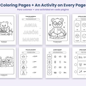 May include: A collection of eight black and white printable coloring pages featuring teddy bears and educational activities. The pages include tracing words like AGUA, JAB&Oacute;N, MANOS, matching exercises, emotion charts, and sequencing tasks with text in Spanish and English.