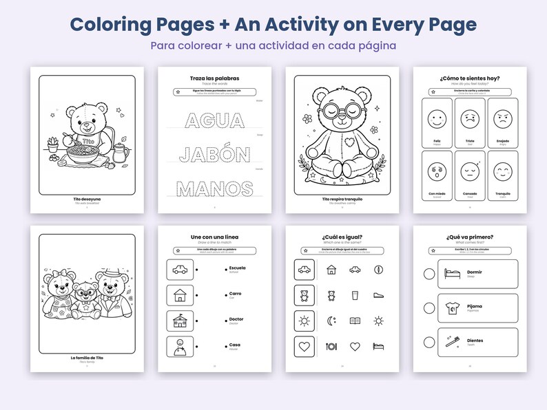 May include: A collection of eight black and white printable coloring pages featuring teddy bears and educational activities. The pages include tracing words like AGUA, JAB&Oacute;N, MANOS, matching exercises, emotion charts, and sequencing tasks with text in Spanish and English.
