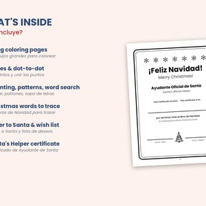 Op de afbeelding: Een tweetalige activiteitenboekpagina met een inhoudsopgave inclusief 12 kleurplaten, doolhoven, punt-tot-punt, tellen, patronen, woordzoekers, kerstwoorden, een brief aan de Kerstman en een certificaat voor hulpje van de Kerstman.